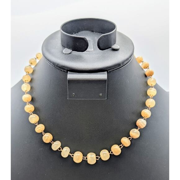 Vintage Mid-Century Cream Banded Agate & Gold Tone Wire Chain Collar Necklace - Picture 1 of 7